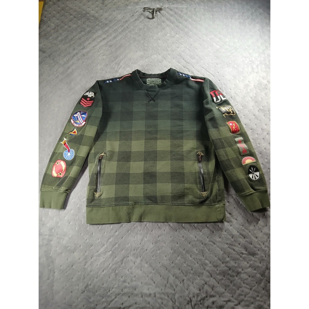Born Fly Mens Flyer Forever Green Ombre Plaid Patch Crewneck Sweatshirt Large